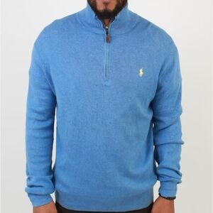 Polo Ralph Lauren Quarter Zip Pullover Merino Wool Jumper Blue Yellow Pony Logo